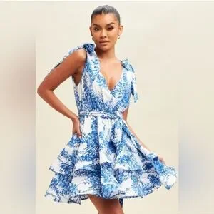 Floral Blue Tie Layered Dress