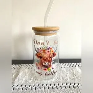 Floral Cow Glass Tumbler with Straw