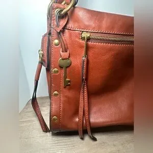 Fossil Allie ZB7896 Brandy Leather Satchel Shoulder Handbag Brass Hardware