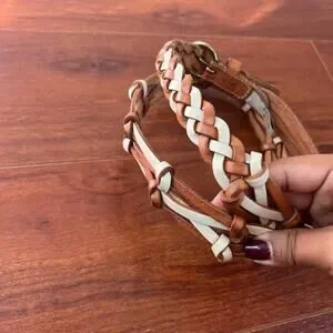 Fossil Braided Knotted Leather Tan Cream Bronze Buckle Boho Belt Sz Large