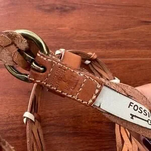 Fossil Braided Knotted Leather Tan Cream Bronze Buckle Boho Belt Sz Large