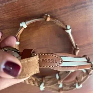 Fossil Braided Knotted Leather Tan Cream Bronze Buckle Boho Belt Sz Large