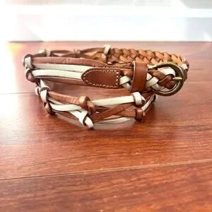 Fossil Braided Knotted Leather Tan Cream Bronze Buckle Boho Belt Sz Large