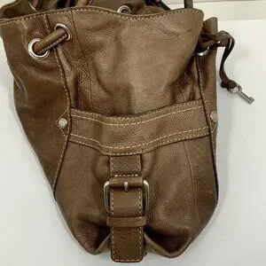 FOSSIL Brown Pebbled Leather Purse Slouchy Hobo Cinch Bag Pleated Vintage ZB2133