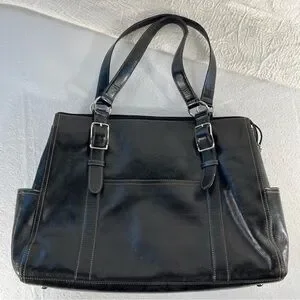 Fossil Genuine Leather Laptop Bag Black Zip Two Compartment Business Work Tote