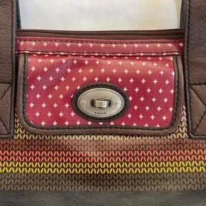 Fossil Key Per Large Multicolor Vinyl Coated Shoulder Purse Tote Bag Boho