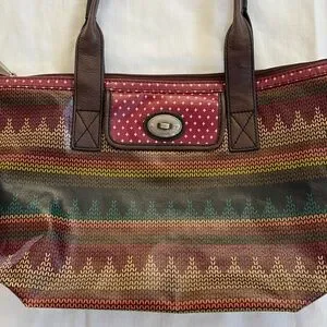 Fossil Key Per Large Multicolor Vinyl Coated Shoulder Purse Tote Bag Boho