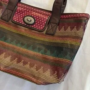 Fossil Key Per Large Multicolor Vinyl Coated Shoulder Purse Tote Bag Boho