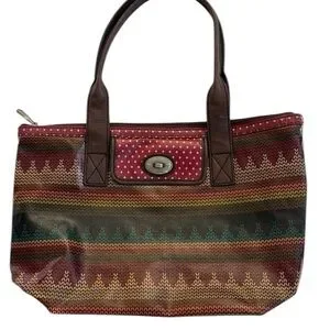 Fossil Key Per Large Multicolor Vinyl Coated Shoulder Purse Tote Bag Boho