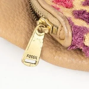 Fossil Purse Preston Leather Straw Fold-Over Pouch With Wristlet Tan Pink Purple