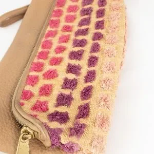 Fossil Purse Preston Leather Straw Fold-Over Pouch With Wristlet Tan Pink Purple