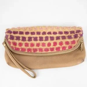Fossil Purse Preston Leather Straw Fold-Over Pouch with Wristlet Tan Pink Purple