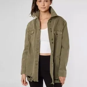 Free People Moonchild Denim Shirt Jacket Shacket Olive Green Distressed Small