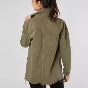 Free People Moonchild Denim Shirt Jacket Shacket Olive Green Distressed Small