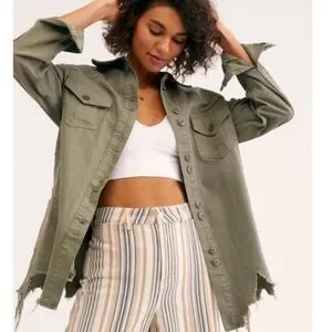 Free People Moonchild Denim Shirt Jacket Shacket Olive Green Distressed Small