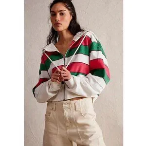 Free People We The Free Ry Zip Thru Hoodie Top Ribbed Cropped Cotton L 272259