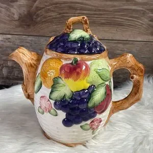 Fruit Design Teapot Grapes Apple Vines Fruit Basket