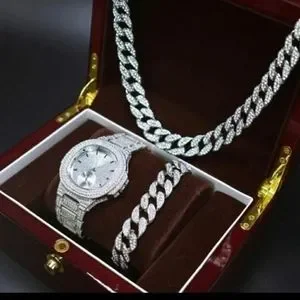 Fully Iced Out Watch Chain Bracelet Set