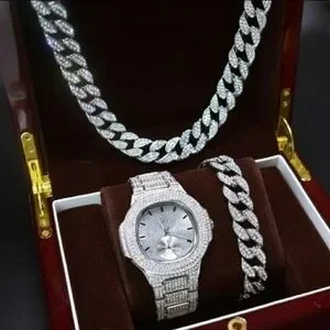 Fully Iced Out Watch Chain Bracelet Set