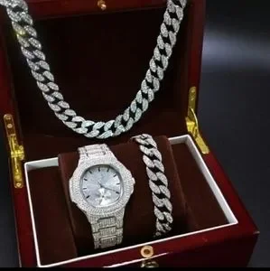 Fully Iced out watch chain bracelet set