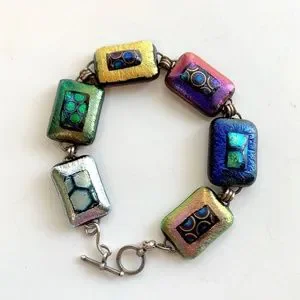 Fused Dichroic Glass Link Bracelet Handcrafted Sterling 925 Vintage Gem Colors