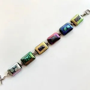 Fused Dichroic Glass Link Bracelet Handcrafted Sterling 925 Vintage Gem Colors