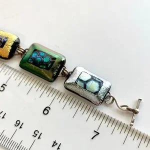 Fused Dichroic Glass Link Bracelet Handcrafted Sterling 925 Vintage Gem Colors