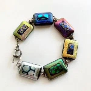 Fused Dichroic Glass Link Bracelet Handcrafted Sterling 925 Vintage Gem Colors