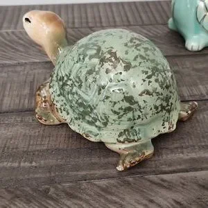 Glazed Ceramic Green Brown Turtle Figurine Pottery Coastal Decor