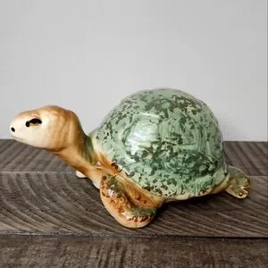 Glazed Ceramic Green Brown Turtle Figurine Pottery Coastal Decor 
