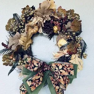 Gold Brown Rustic Fall Autumn Burlap Ribbon Leaves Wreath