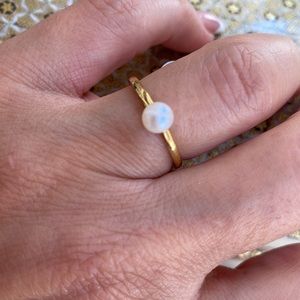 Gold Plated Over Sterling Silver Dainty Synthetic White Pearl Ring Size 7