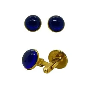 Gold Tone Blue & Red Domed Cufflinks And Tie Clip Set Swank/Unsigned Vintage