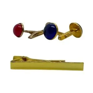 Gold Tone Blue & Red Domed Cufflinks and Tie Clip Set Swank/Unsigned Vintage