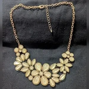 Gold Tone Pastel Yellow Rhinestone Floral Statement Necklace