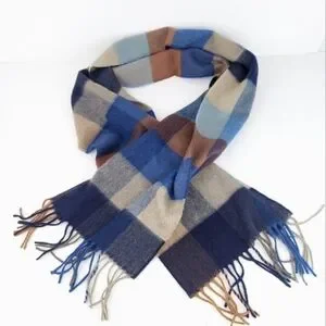 Grant Thomas Cashmere Large Checked Blue And Brown Scarf Unisex