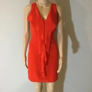 Greylin Red Orange Ruffle Front Silk Dress