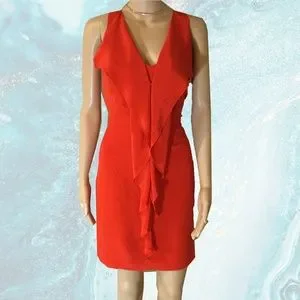 Greylin Red Orange Ruffle Front Silk Dress