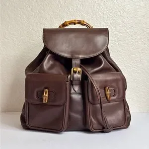 Gucci Vintage Ruck Sack Backpack Bamboo Brown Leather