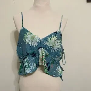 H&M NWT Floral Crop Top Turquoise Side Ties Tank Cami Ruffle Sleeveless Size M