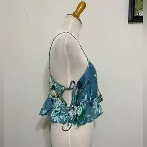 H&M NWT Floral Crop Top Turquoise Side Ties Tank Cami Ruffle Sleeveless Size M