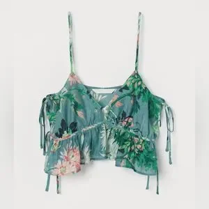 H&M NWT floral Crop Top Turquoise Side Ties Tank Cami Ruffle Sleeveless Size M