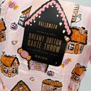 Halloween Gingerbread House Dreamy Cotton Gauze Throw Blanket Reversible Plush