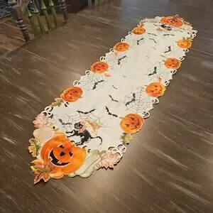 Halloween Table Runner Black Cat Pumpkin Bats Spider Web Embroidered Decor