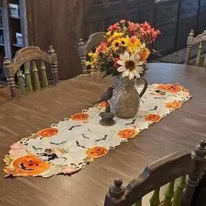 Halloween Table Runner Black Cat Pumpkin Bats Spider Web Embroidered Decor