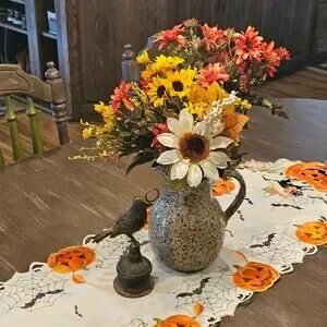 Halloween Table Runner Black Cat Pumpkin Bats Spider Web Embroidered Decor