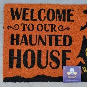 Halloween Welcome To Our Haunted House Outdoor Coir Doormat Mat 18x30 Orange Bla