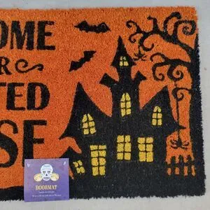 Halloween Welcome To Our Haunted House Outdoor Coir Doormat Mat 18x30 Orange Bla