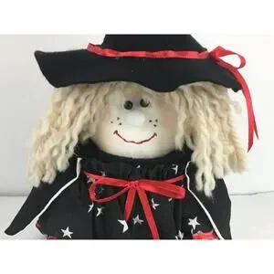Halloween Witch Folk Art Decor Cute Fabric Cloth Broom Harvest Black Red