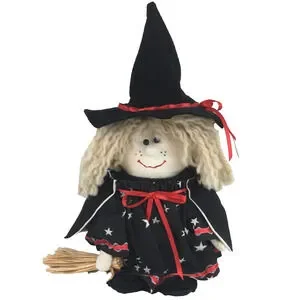 Halloween Witch Folk Art Decor Cute Fabric Cloth Broom Harvest Black Red